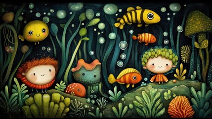 Obraz premium Underwater scene of whimsical, cartoonish fish and children