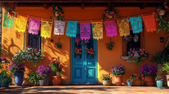 Vibrant Mexican Courtyard with Papel Picado Decorations and Colorful Flower Pots