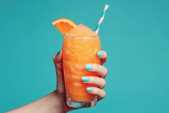The woman grips a cool orange slush