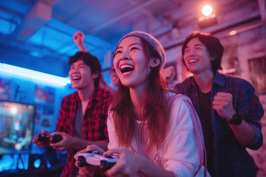 Friends celebrating a young Asian girl s victory in an online game at a modern esports venue - Powered by Adobe