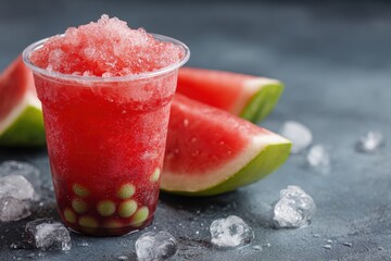 Cooling shaved ice with watermelon and tapioca in a to go cup Berry fruit cocktail bubble tea Refreshing summer treat Street food