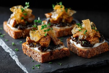 Toasted foie gras with gingerbread and caramelized onion on a slate