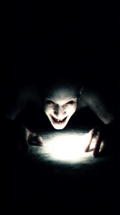 A terrifying doppelg&auml;nger under the bed suddenly lunges forward, its eyes glowing black and its face distorted in an unnatural, eerie grin