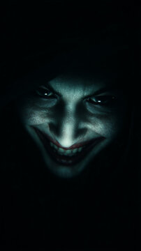 A terrifying doppelg&auml;nger under the bed suddenly lunges forward, its eyes glowing black and its face distorted in an unnatural, eerie grin