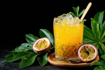 Fototapeta premium Tropical drink with green foliage and spoon Refreshing lemonade
