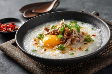 Dish of congee with century egg and shredded pork on a grey background viewed from the side on a mat