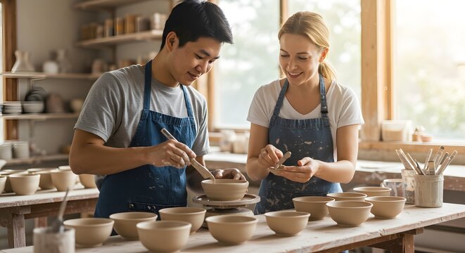 Skilled artisans crafting beautiful ceramic bowls in a pottery studio workshop a creative process teamwork collaboration artistry handmade pottery craft - Powered by Adobe
