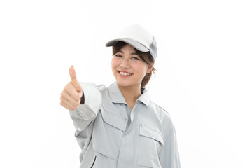 若い女性　作業着　グッド

