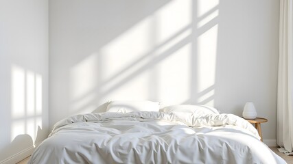 Blank white bedding set template with copy space, on bed in minimalist bright studio room interior with shadows from window
