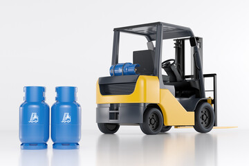 LPG Forklift with Gas Cylinders – Industrial Propane Fuel Bottles for Warehouse Equipment, 3D illustration