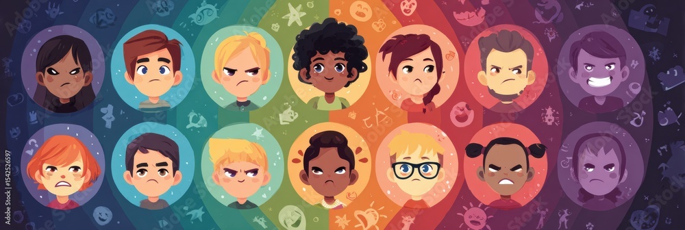 Poster exploring emotions connected to bullying through a circular design illustrating diverse reactions an