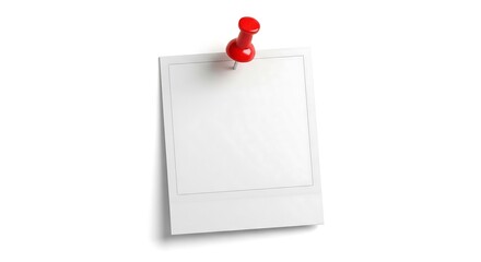 A blank polaroid photo is pinned to a white surface with a red push pin.