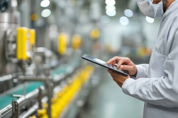 Worker with a tablet monitors dairy production Space for text