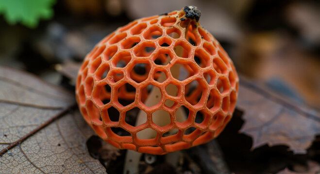The intricate, lattice-like structure of a Cage Fungus (Clathrus ruber)