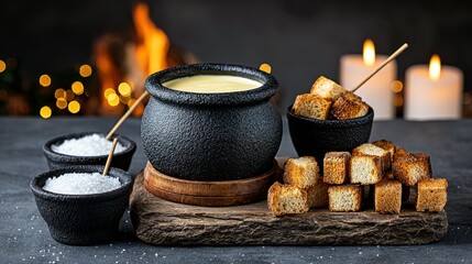 Creamy cheese fondue with toasted bread cubes.