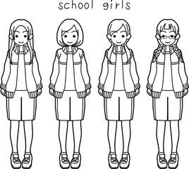 ジャージ姿の女子高生4人組線画