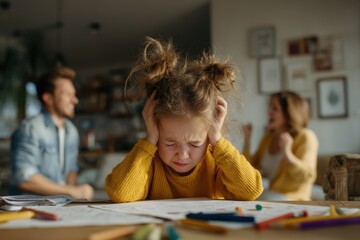 Young girl weeping and neglecting studies as her parents argue at home