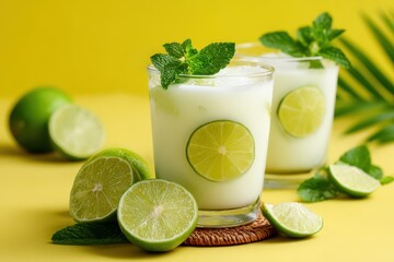 Fototapeta premium Zesty lemonade or limeade with lime slices and mint on a vibrant backdrop