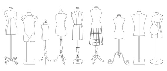 Vector illustration of five different dressmaker mannequins on various stands. Line art style. Isolated on white background. Horizontal orientation. Ideal for fashion or tailoring design.