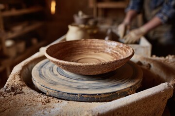 Obraz premium Zoomed in view of a clay bowl on a potter s wheel in a studio