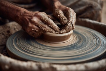 Zoomed in view of potter s hands working on a wheel
