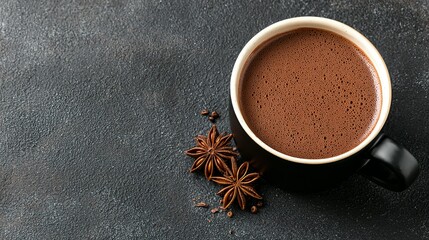 Dark chocolate drink with star anise spices on a textured surface.