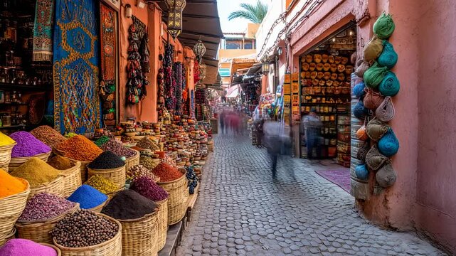 Vibrant Moroccan Spice Market, Aromatic Flavors and Colors, Bustling Souk Experience
