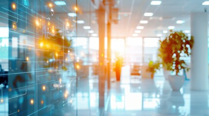 Fototapeta premium Innovative office space design modern workplace digital displays bright environment contemporary viewpoint business concept