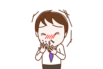 （上半身正面）風邪をひいて激しいくしゃみと鼻水がでる男性