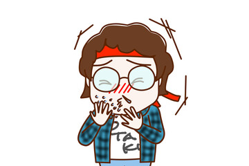 （上半身正面）風邪をひいて激しいくしゃみと鼻水がでるメガネをかけたオタク
