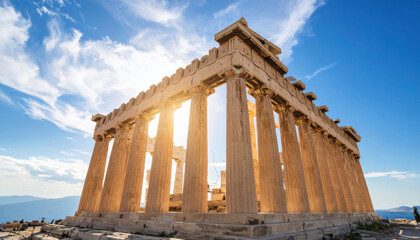 Obraz premium Ancient Greek temples rise majestically, their slender and elegant columns piercing sky, showcasing timeless beauty and architectural brilliance under vibrant blue sky