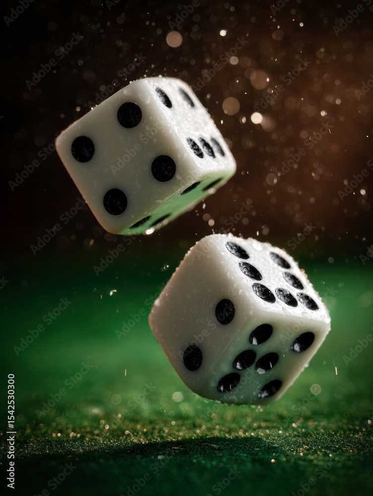 Poster Dramatic Close-Up of Spinning Dice Over Green Felt Illuminated by Soft Light Creating a Captivating Scene