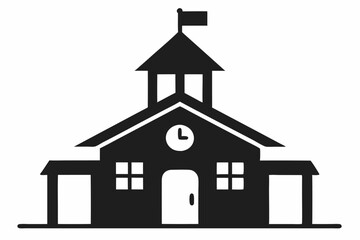 Black Silhouette Icon Simple School Building Clock Flag