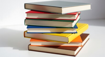 A stack of seven brightly colored hardcover books. The books are arranged in a vertical pile against a white background.