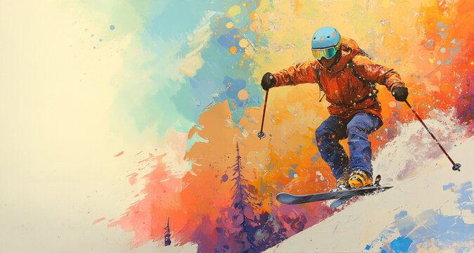 Skier Jumping Downhill, Extreme Winter Sports, Painted