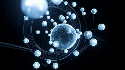 Abstract network of spheres, digital futuristic style, blue and white on black, representing technology or molecular structure - Powered by Adobe