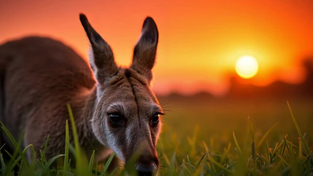 Kangaroo close-up serene grazing in grassy field at sunset