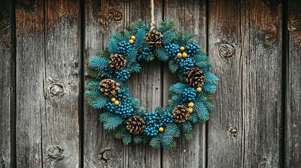 Teal christmas wreath on a rustic wooden wall.