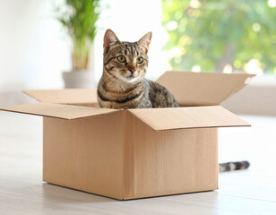 Cute grey tabby cat sitting in cardboard box at home, looking curious and playful. warm atmosphere and natural light create cozy environment for this adorable pet