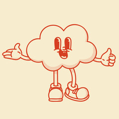 Cheerful cloud character retro mascot with smiling face, shoes, giving a thumbs up. Cute weather symbol