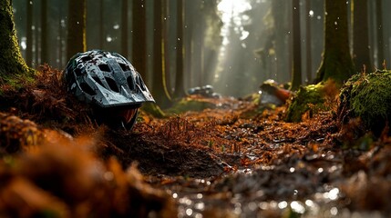 A dark gray bicycle helmet nestled amongst fallen leaves and moss in a sunlit forest