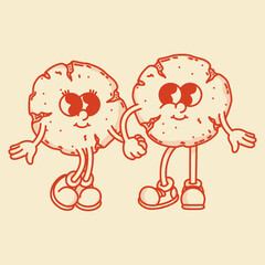 Retro cookie couple holding handsand looking at each other lovingly mascot character. Bakery menu symbol
