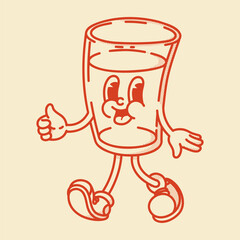 A cheerful cartoon glass of water or other drink mascot in shoes smiling. Bar menu, healthy life symbol. Finger up