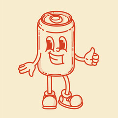 A cheerful cartoon tin can of drink mascot in shoes smiling. Bar menu symbol. Stands with finger up gesture