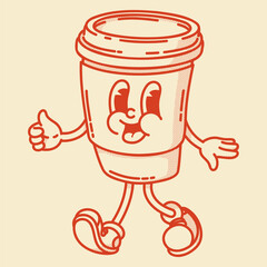 Smiling friendly coffe to go character mascot in shoes. Coffee shop mascot symbol. Hands up, finger up