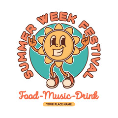 Retro sryle summer festival flyer template with smiling sun mascot thumbs up