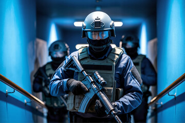 counter-terrorism squad navigating through dimly lit stairwell