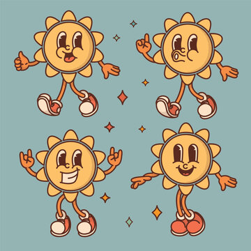 Cheerful sun character retro mascot with smiling face, shoes, hands in rock gesture. Cute spring or summer symbol