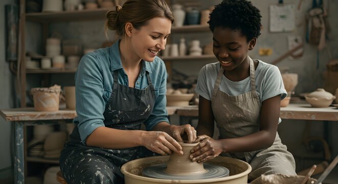 Happy women crafting pottery on a wheel together in a studio workshop learning art skills