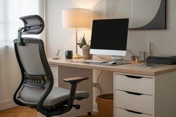 stylish remote work setup with ergonomic chair and organized desk accessories